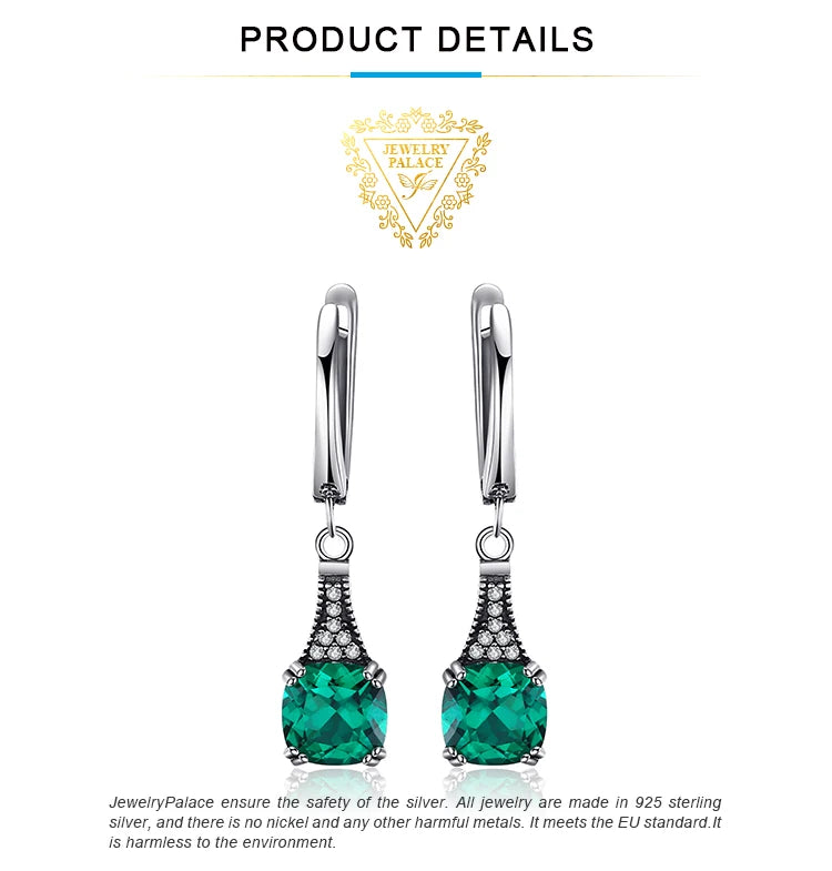 JewelryPalace Vintage 2.1ct Cushion Simulated Nano Emerald 925 Sterling Silver Hoop Earrings for Woman Gemstone Fashion Jewelry