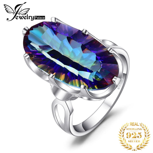 JewelryPalace Large Genuine Natural Rainbow Fire Mystic Quartz Solid 925 Sterling Silver Ring for Women Statement Cocktail Ring
