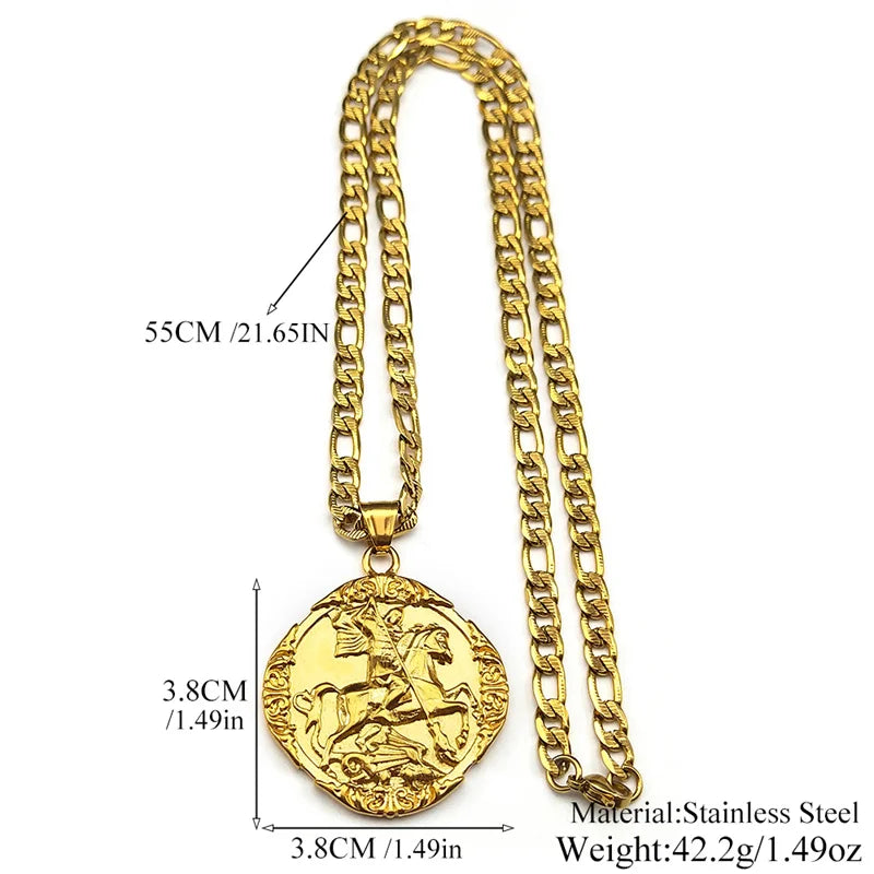 Saint George PROTECT US Christian Stainless Steel Pendant Necklace for Women Men Gold Color St. George Necklace Chain Jewelry