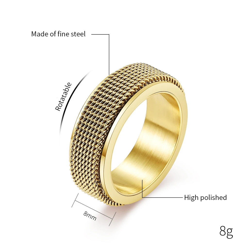Simple 8mm Stainless Steel Spinner Anxiety Rings for Women Men Rotatable Mesh Chain Spinner Rings Anti Stress Weddding Jewelry