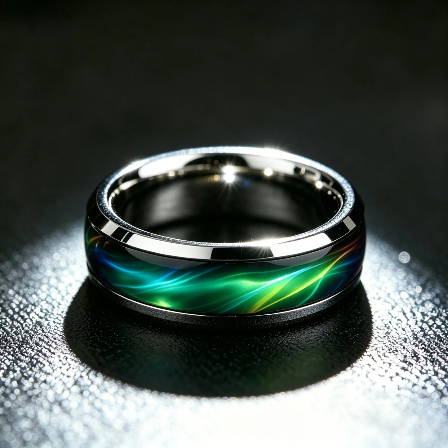 Men's Green Aurora Nebula Stainless Steel Ring, Silver Color Polished with Malachite Inlay, Punk Biker Jewelry Gift for Him