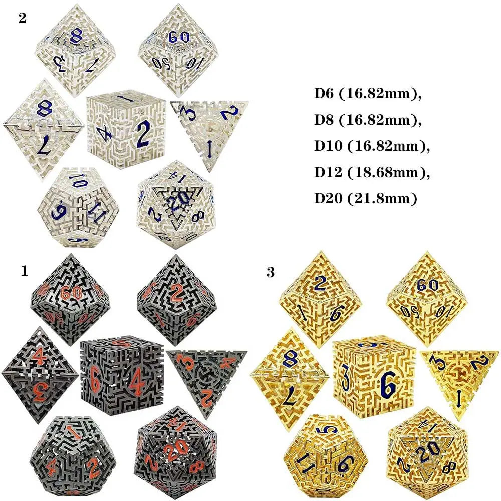 7Pcs Hollow Polyhedral Dice Set Metal Dices Table Games Accessory For D&d DND D6 D8 D10 D12 D20