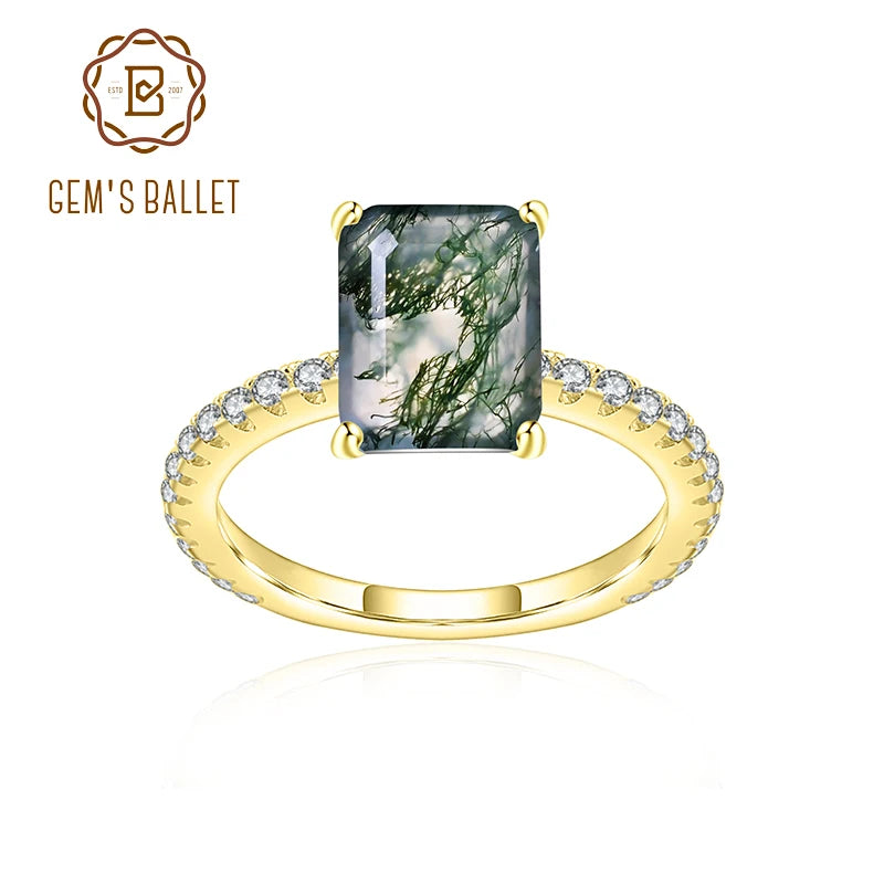 GEM'S BALLET Unique 0.88Ct 5x7mm Octagon Cut Pave Set Moss Agate Engagement Ring in 925 Sterling Silver Women's Gold Ring