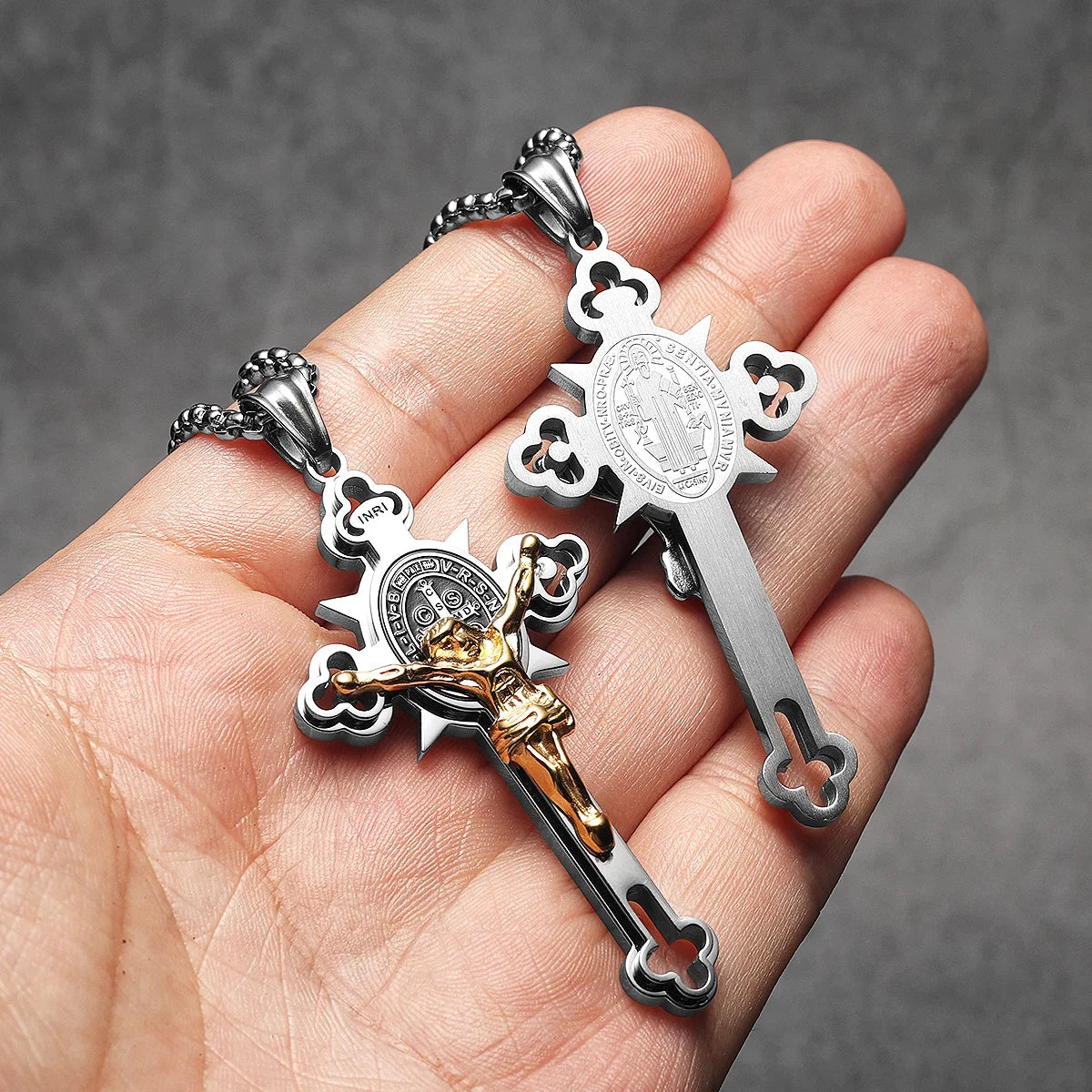 INRI Jesus Exorcism Cross Amulets Stainless Steel Men Necklaces Pendant Chain Punk For Women Fashion Jewelry Gifts Wholesale
