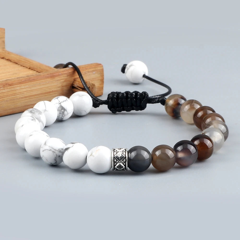 Fashion Black White Beaded Bracelets For Men 8mm Natural White Howlite Stone Beads Bracelet Women Meditation Prayer Jewelry Gift