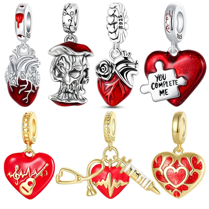 Heart & Organ Charm 925 Sterling Silver Red Rose Skull Dangle Pendant Dark Aesthetic Fit Bangle Bracelet Necklace DIY Jewelry