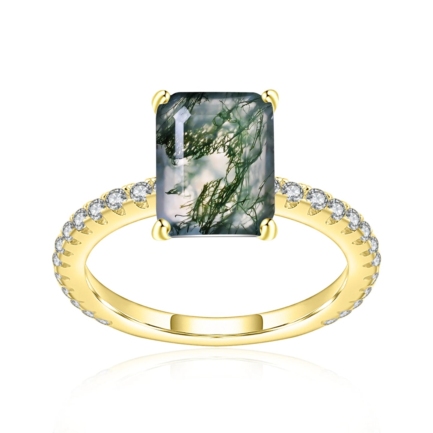 GEM'S BALLET Unique 0.88Ct 5x7mm Octagon Cut Pave Set Moss Agate Engagement Ring in 925 Sterling Silver Women's Gold Ring 925 Sterling Silver Moss Agate