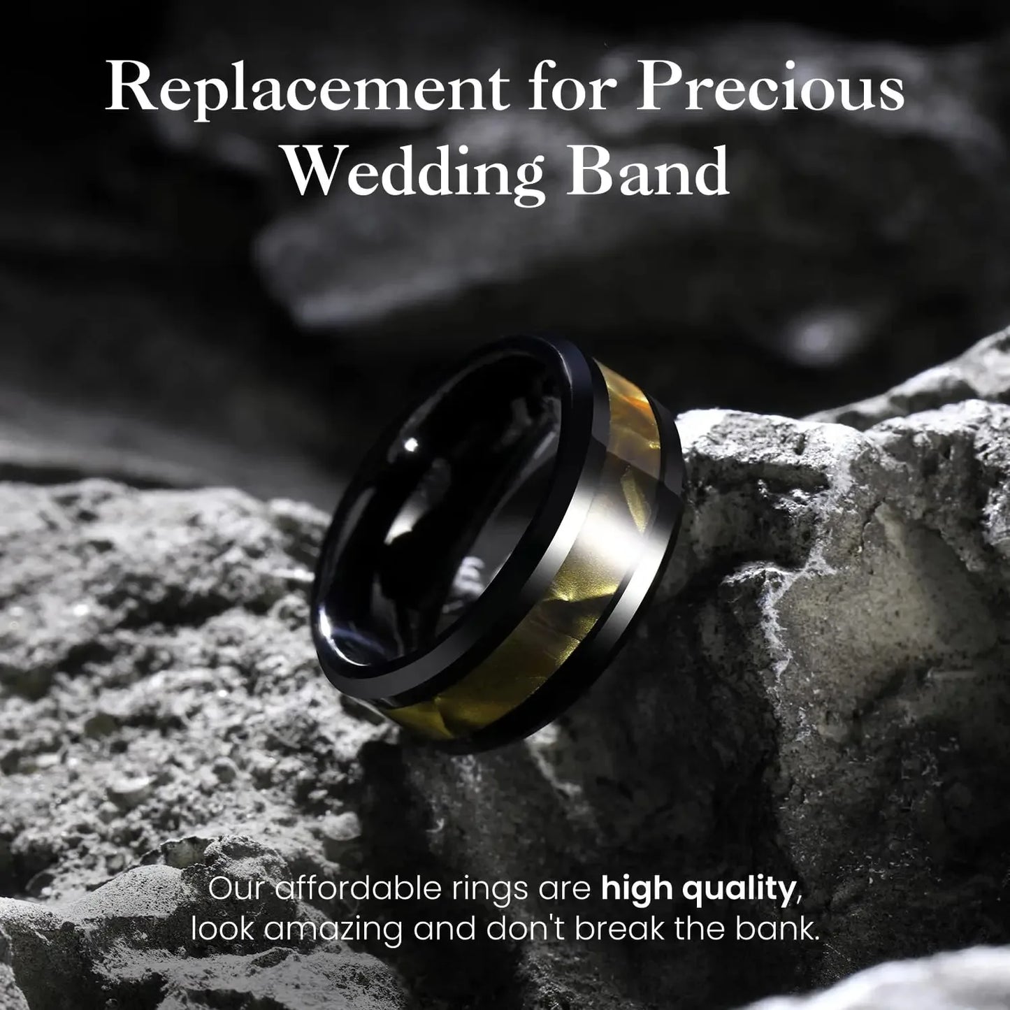 Fashion 8mm Men Black Stainless Steel Rings High Polished Yellow Abalone Shell for Men Wedding Party Jewelry Anniversary Gifts