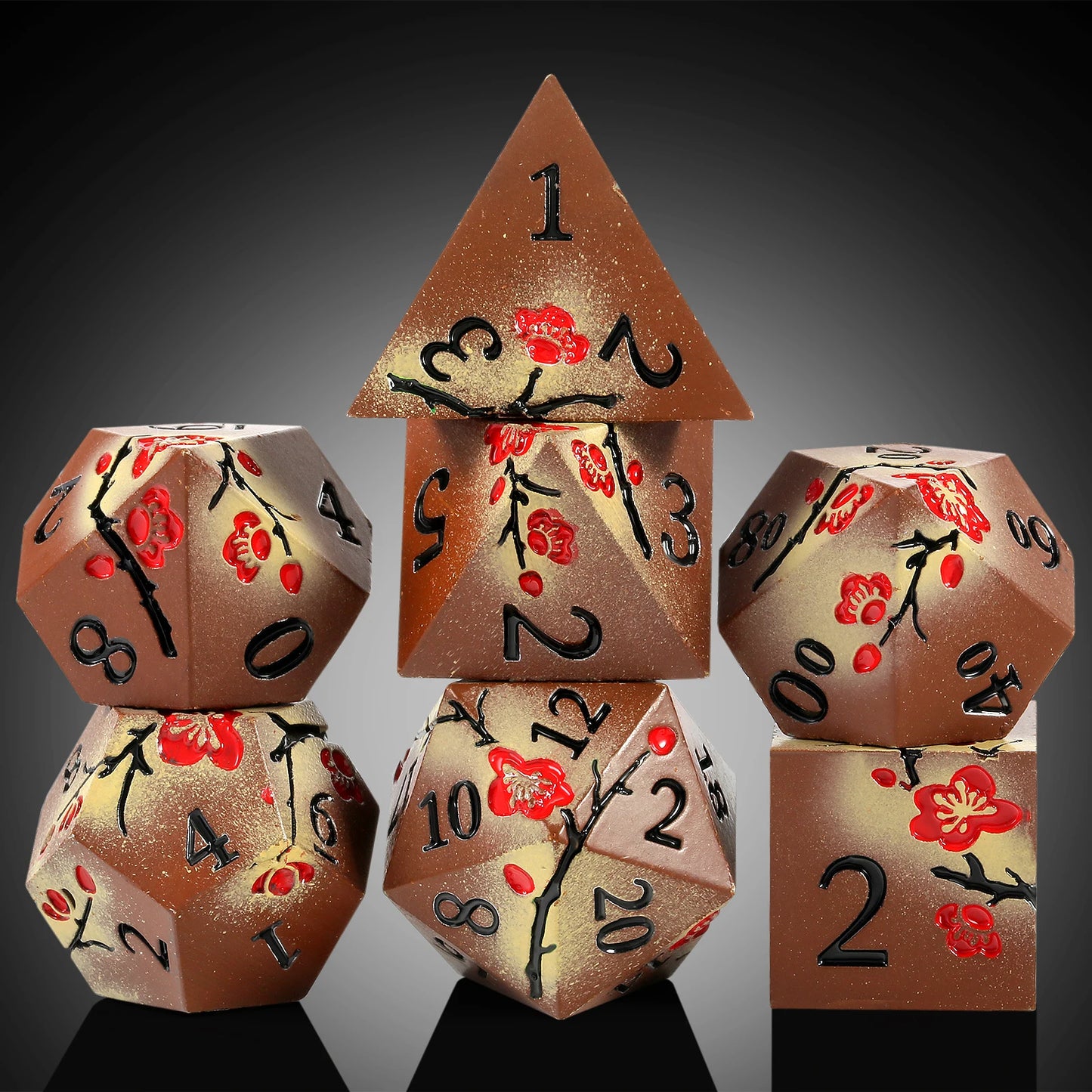 Metal Dice Set D&D, DNDND 7 PCS Flower Metallic DND Dice Set with Grogeous Gift Case for Dungeons and Dragon Tabletop Game brown