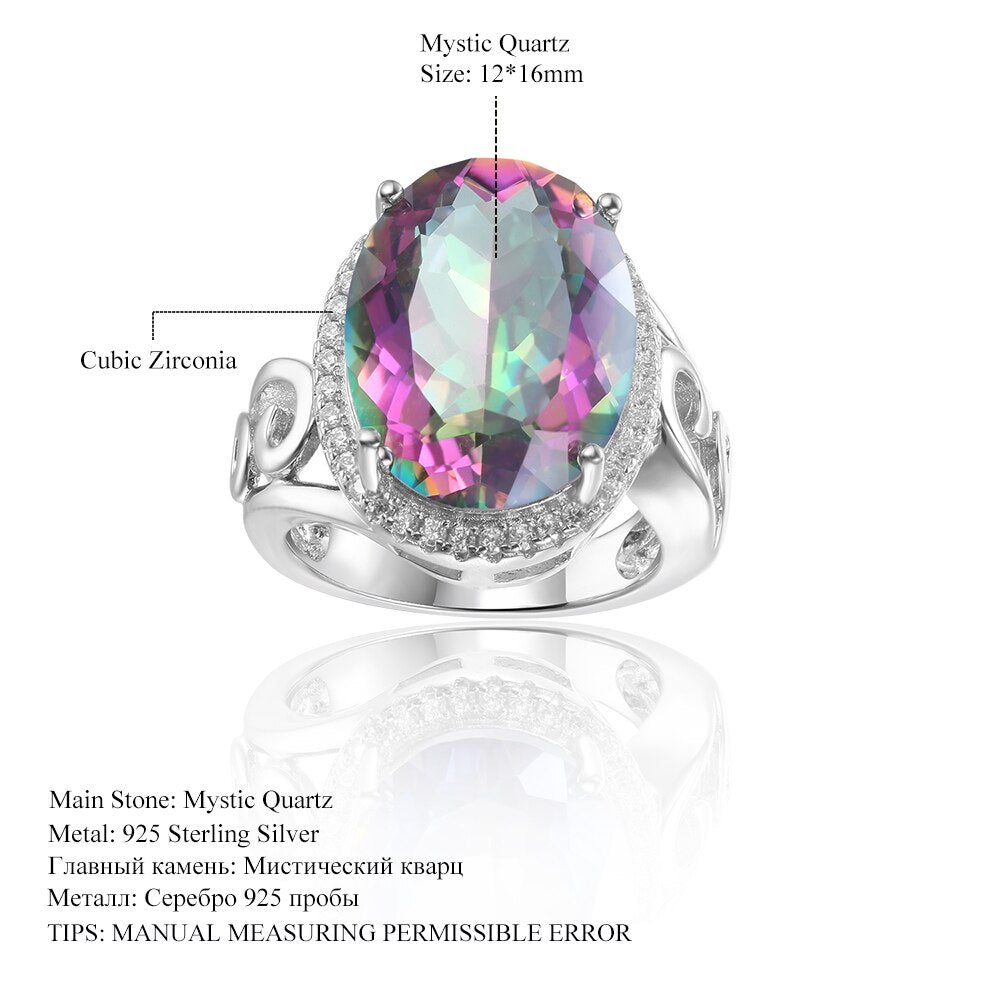 GEM&#39;S BALLET 9.10Carat 12x16mm Oval Rainbow Mystic Topaz Birthstone Cocktail Rings in 925 Sterling Silver For Women Jewelry