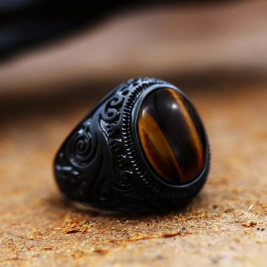 Vintage Handmade Turkish Black Zircon Rings Retro Men Stainless Steel Tiger Eye Stone Rings Classic Wedding Engagement Jewelry Brown Color