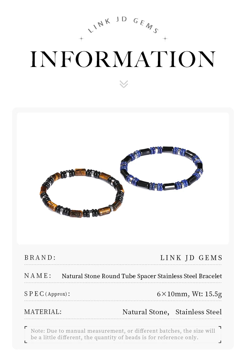 JD Natural Yellow Tiger Eye Stone Tube Shape Bracelets for Women Men Classic Stainless Steel Elastic Bangles Yoga Energy Gifts