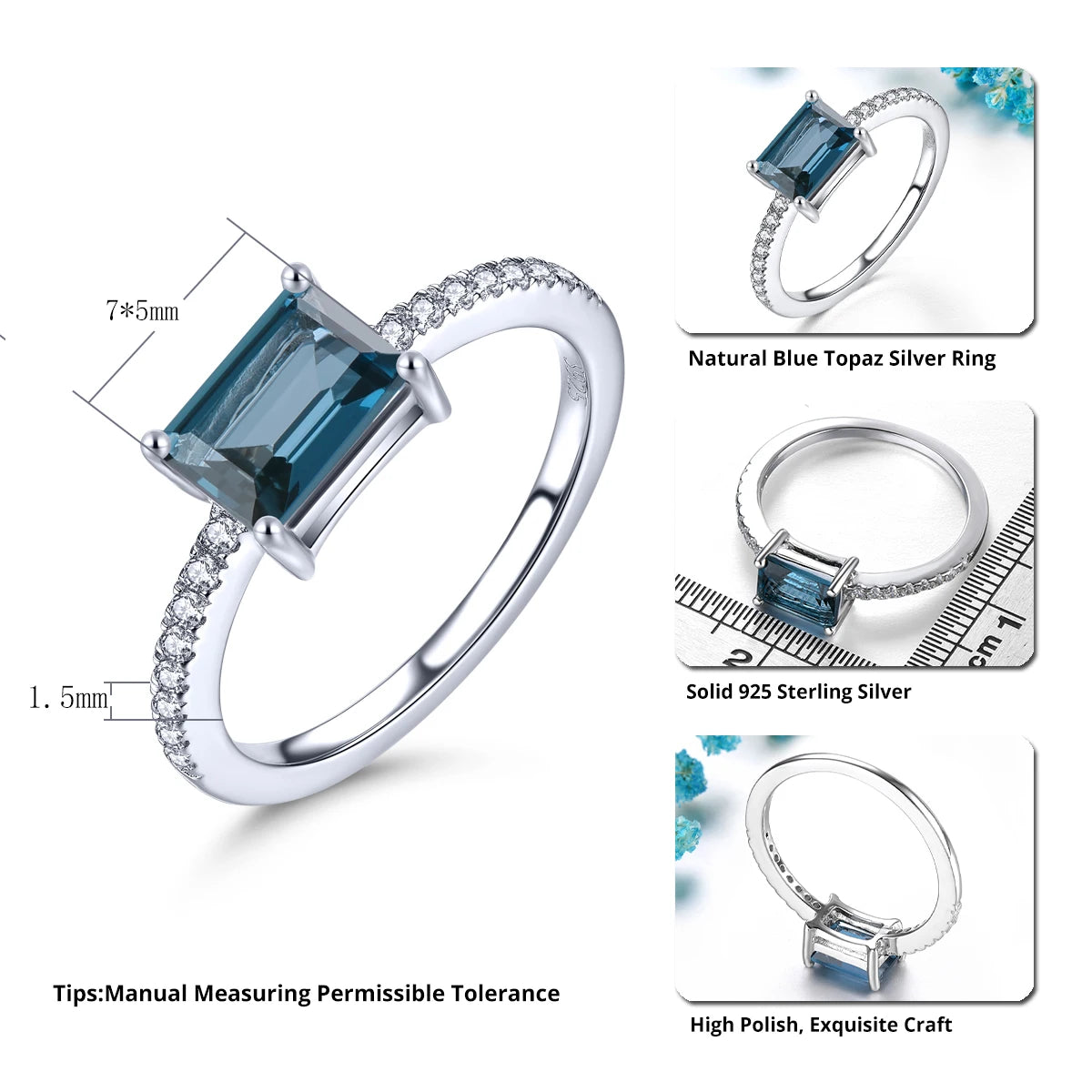 Natural Deep Blue Topaz Sterling Silver Rings 1.3 Carats Genuine Gemstone Topaz Women Simple Classic Fine Jewelry Design