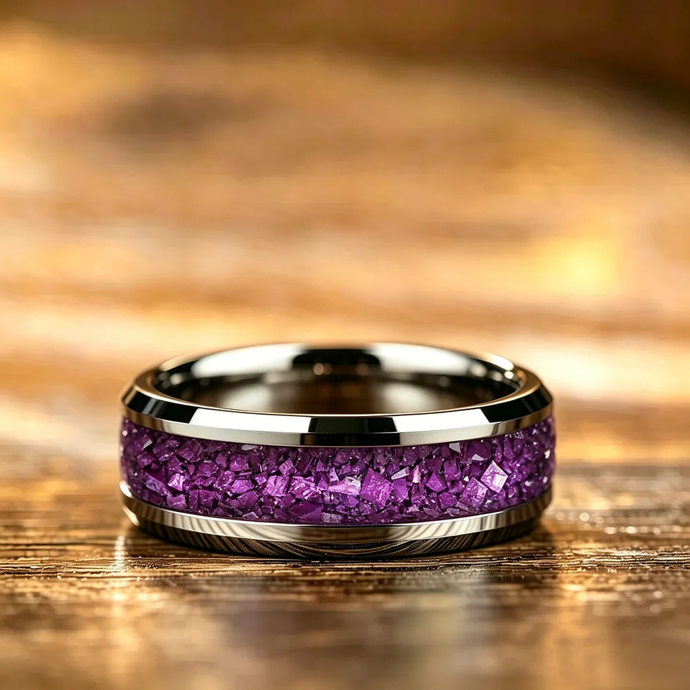 Fashion Silver Color Men Stainless Steel Ring with Purple Stone Inlay Rings for Men Women Wedding Jewelry Valentine's Day Gifts