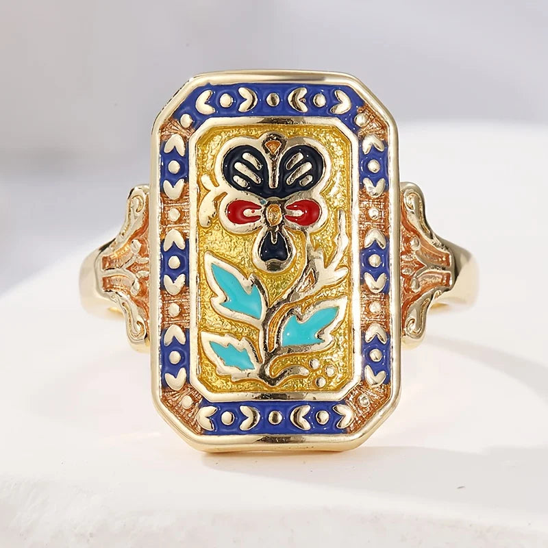 Bohemian Elegant Luxurious Retro Gold Color Artificial Enamel Flower Ring for Gift Giving Vacation Wear Christmas Accessory