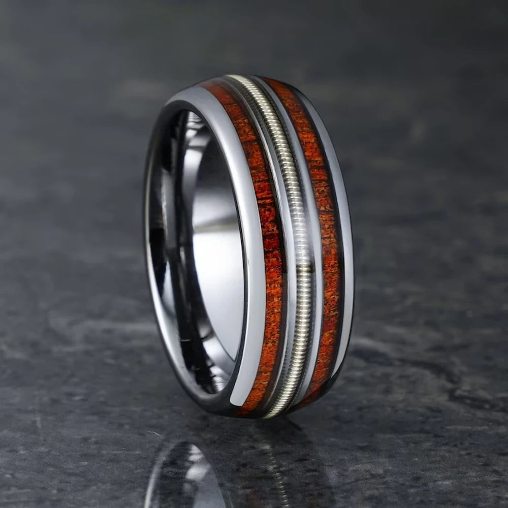 Fashion 8mm Black Stainless Steel Guitar String Rings for Men With Meteorite Inlay Guitarist Ring Men Wedding Band Jewelry