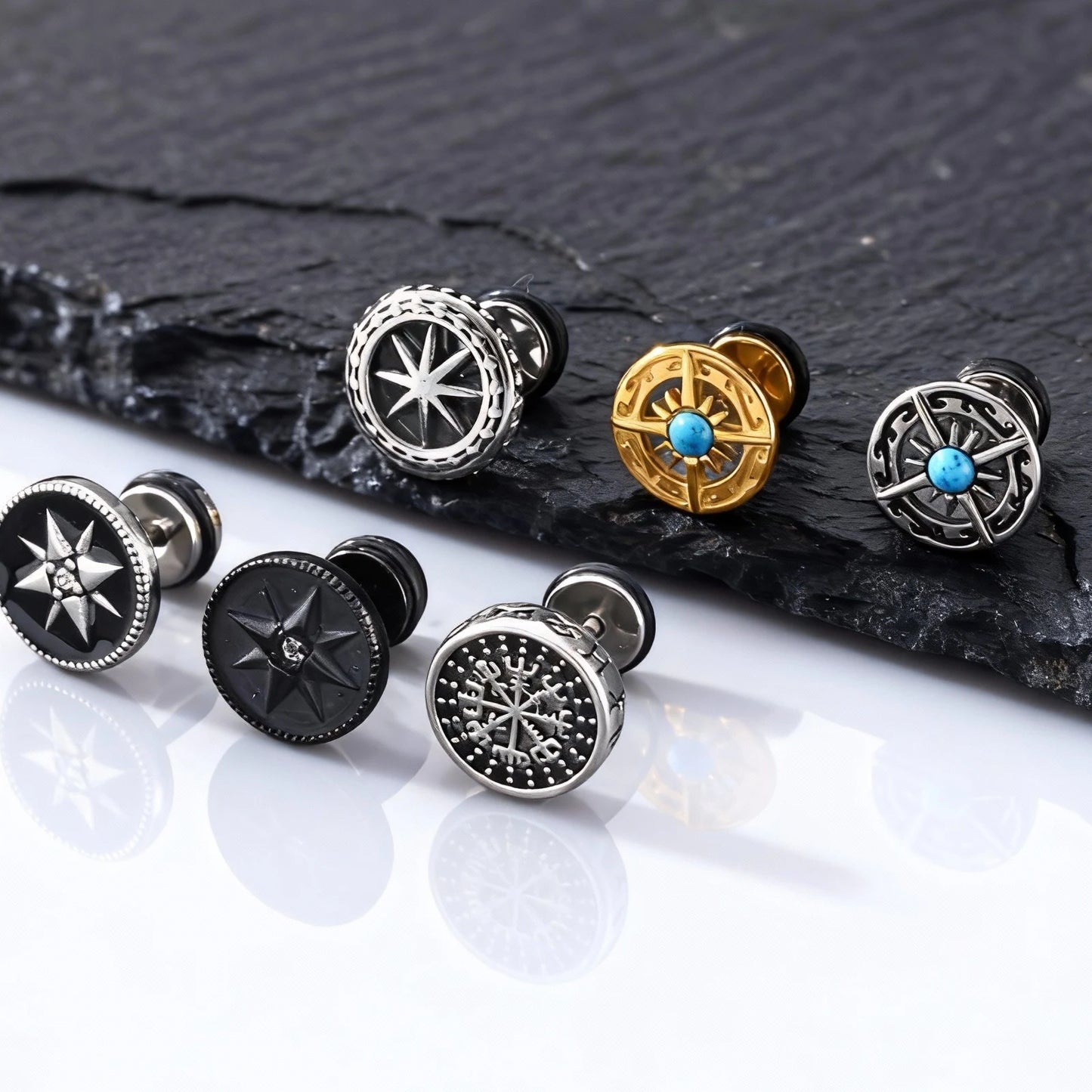 Vintage Men's Compass Stud Earrings,Stainless Steel Eight-pointed Star Round Metal Stud Earrings,Trendy Classic Jewelry Gifts