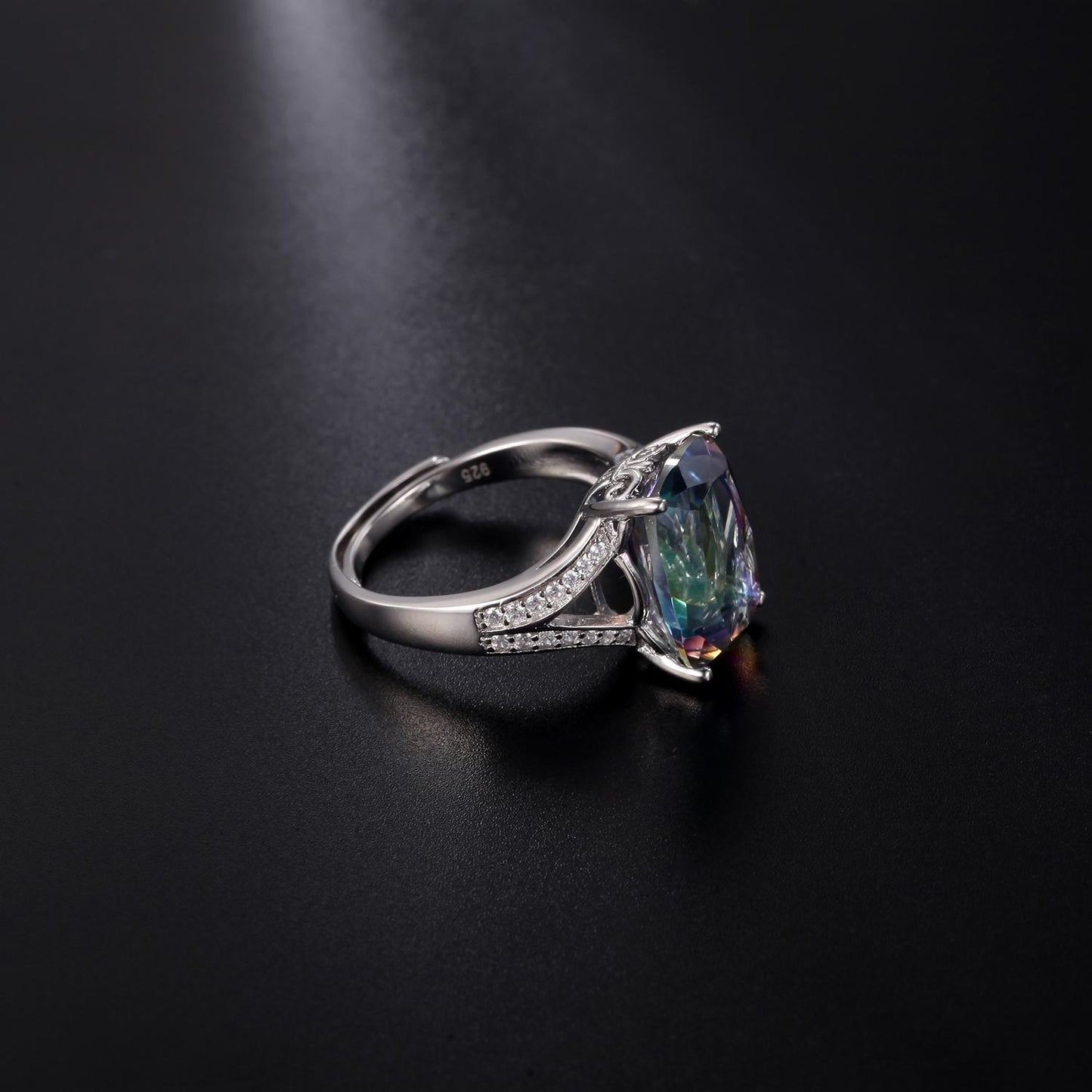 GEM&#39;S BALLET 9.66Ct 10x14mm Cushion Mystic Rainbow Topaz Statement Ring in Sterling Silver Adjustable Ring For Women