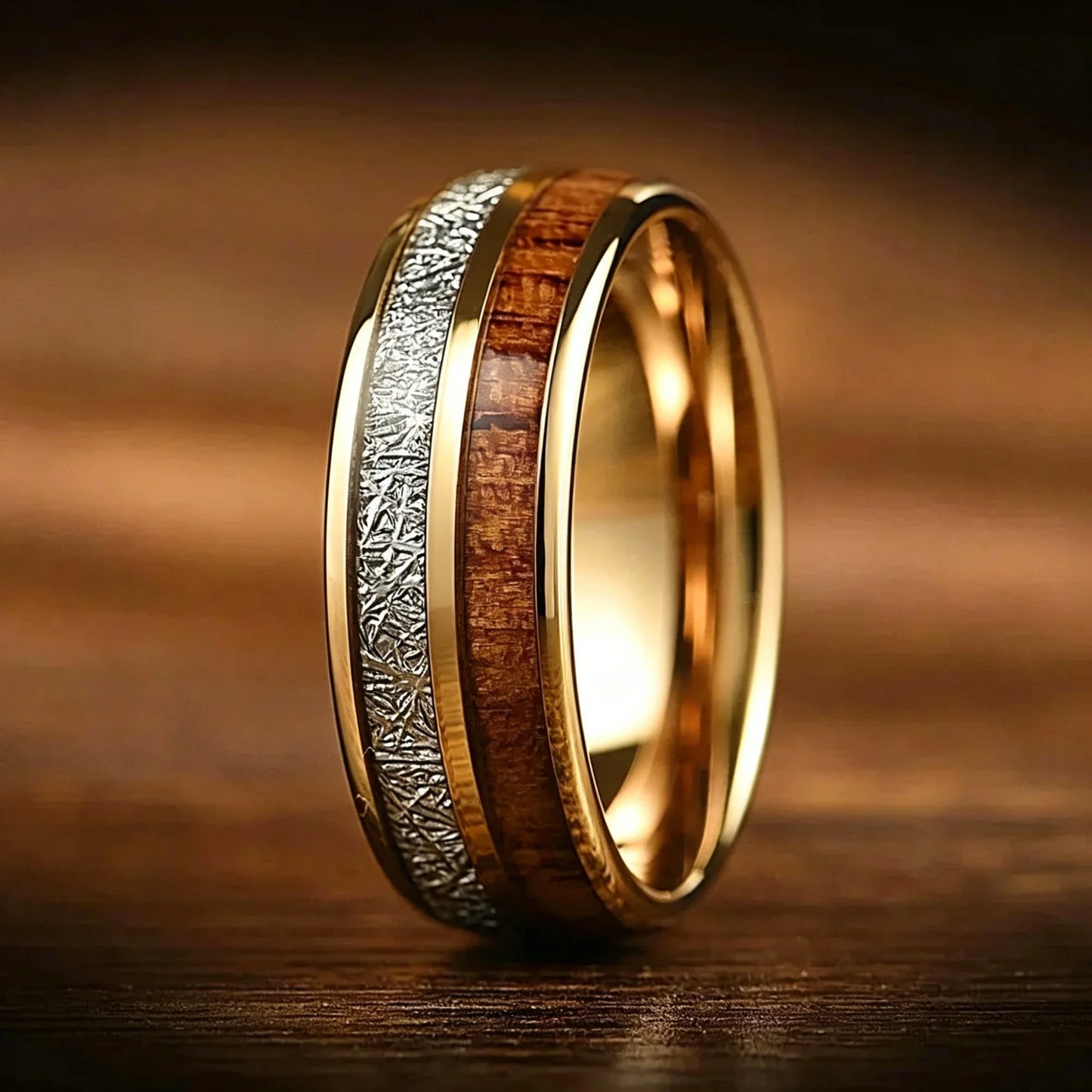 Luxury Red Opal & Meteorite Inlay Rings for Men Women, Fashion 8mm Silver Color Men Stainless Steel Rings, Wedding Band Jewelry