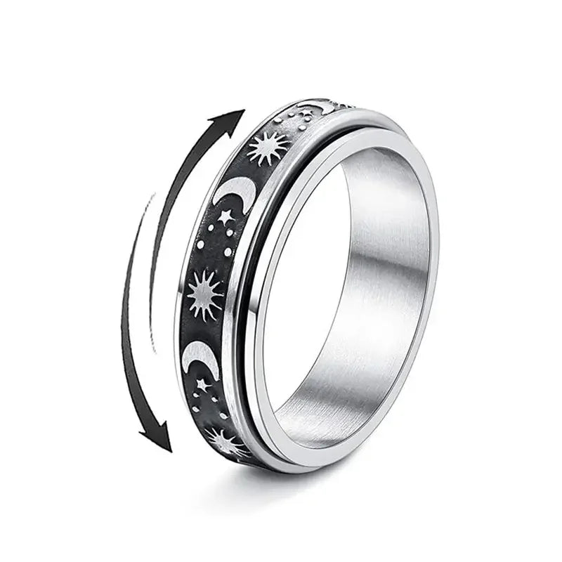 Vintage Stainless Steel Sun Moon Star Rotating Spinning Wedding Promise Anniversary Statement Band Ring Jewelry