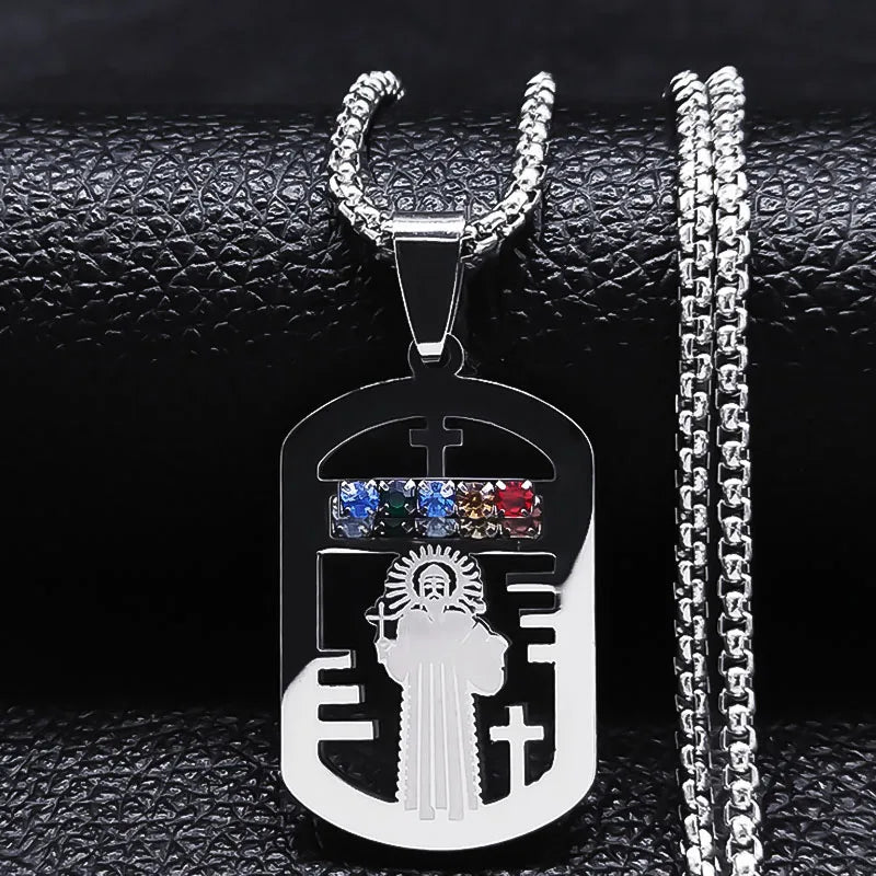 Catholic Jesus Cross Stainless Steel Necklace Saint Benedict Crystal Virgin Mary Pendant Crucifix Male Necklaces Jewelry Cruz