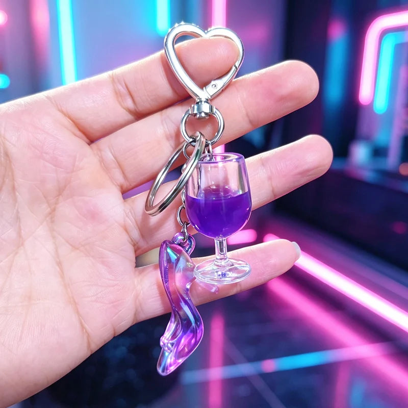 New Colorful Wine Glass High Heels Keychain Cute Laser Princess High Heels Acrylic Pendant with Heart shaped Buckle Suitable for
