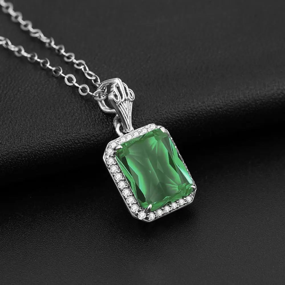 Green Emerald Pendant Necklaces For Women With Diamonds 925 Silver Jewelry Gemstone Boho Berloque Pendent