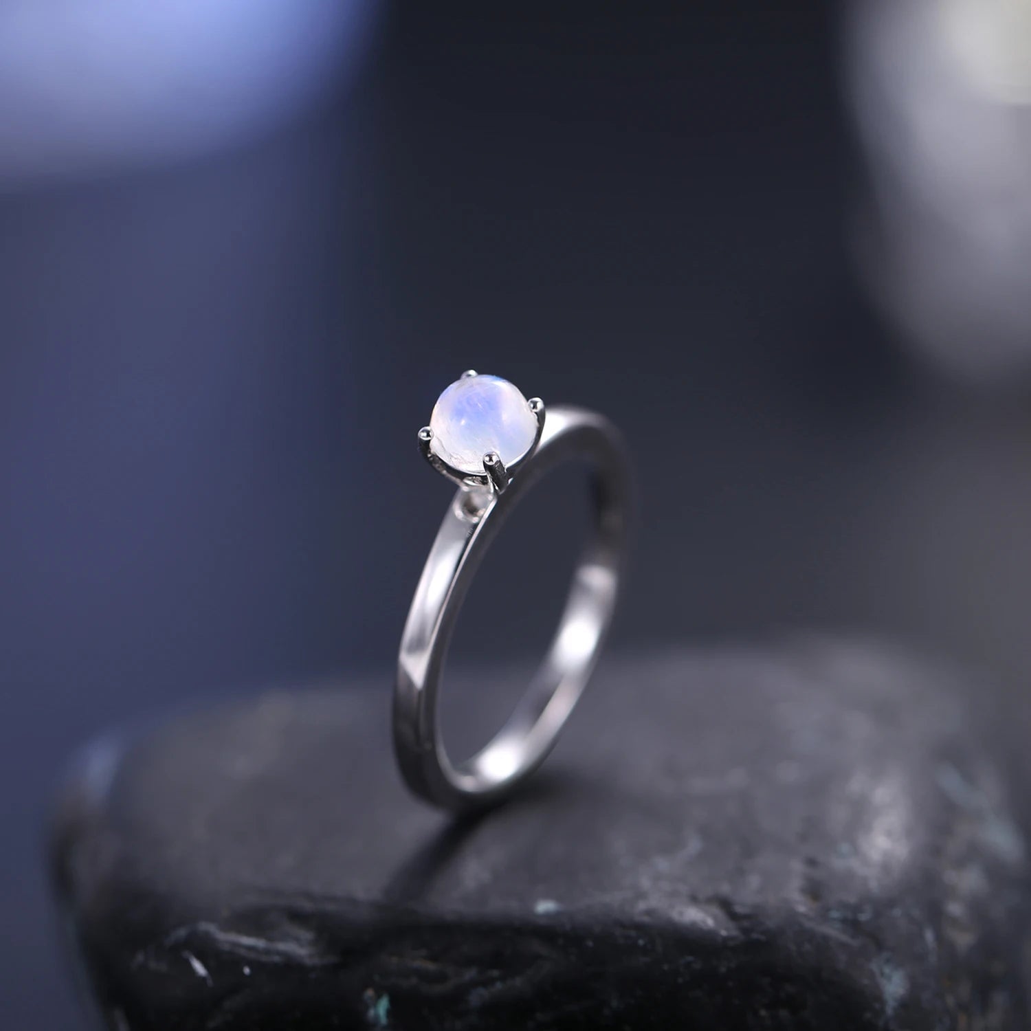 GEM'S BALLET June Birthstone 5mm Natural Rainbow Moonstone Solitaire Engagement Rings 925 Sterling Silver Promise Ring