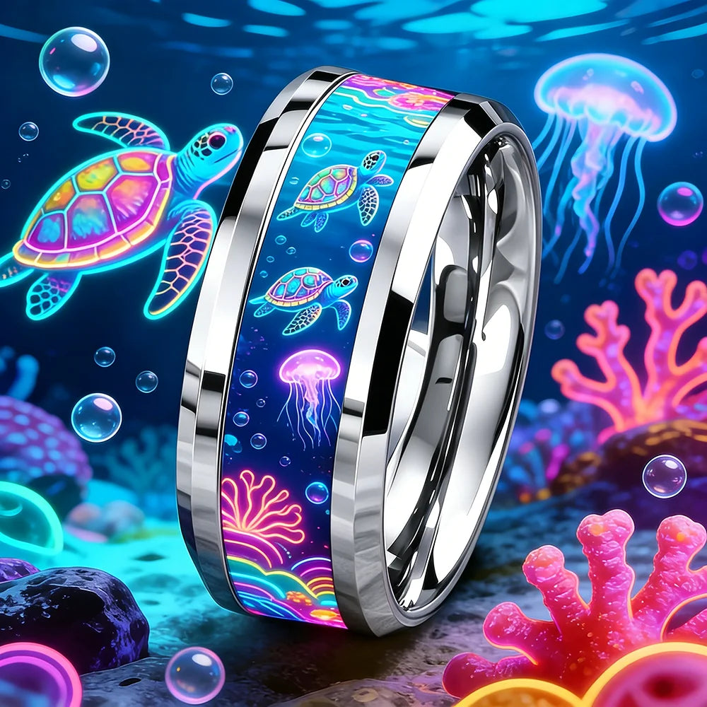 Cute Ocean-Themed 8mm Men Stainless Steel Ring with Dreamy Sea Jellyfish Pattern Inlay Rings for Teenager Wedding Party Jewelry