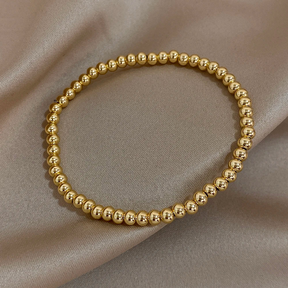 Greatera 3/4mm Stainless Steel Beads Elastic Bracelets for Women Gold Plated Tricolor Beaded Chain Bracelet Waterproof Jewelry