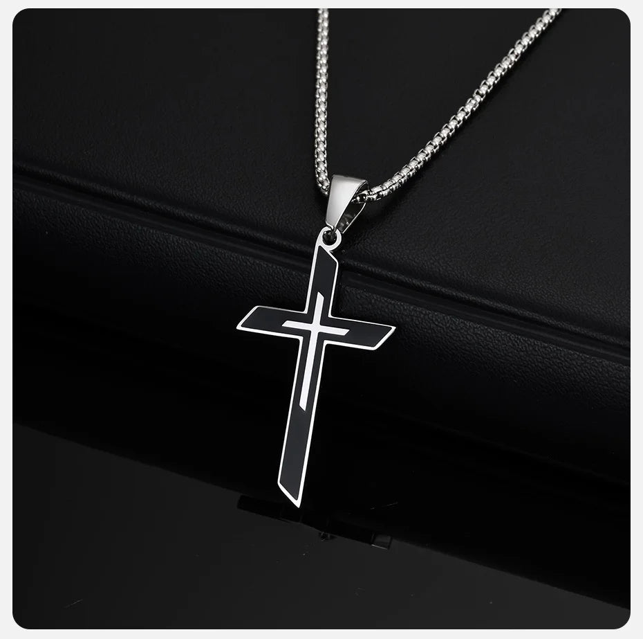Vnox Simple Cross Pendant Necklace for Men Boys, Trendy Stainless Steel Box Chain Necklaces, Religious Talisman Anniversary Gift