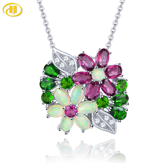Natural Rhodolite Garnet Opal Silver Pendant 4 Carats Genuine Green Diopside S925 Fine Jewelrys Anniversary Birthday Gifts