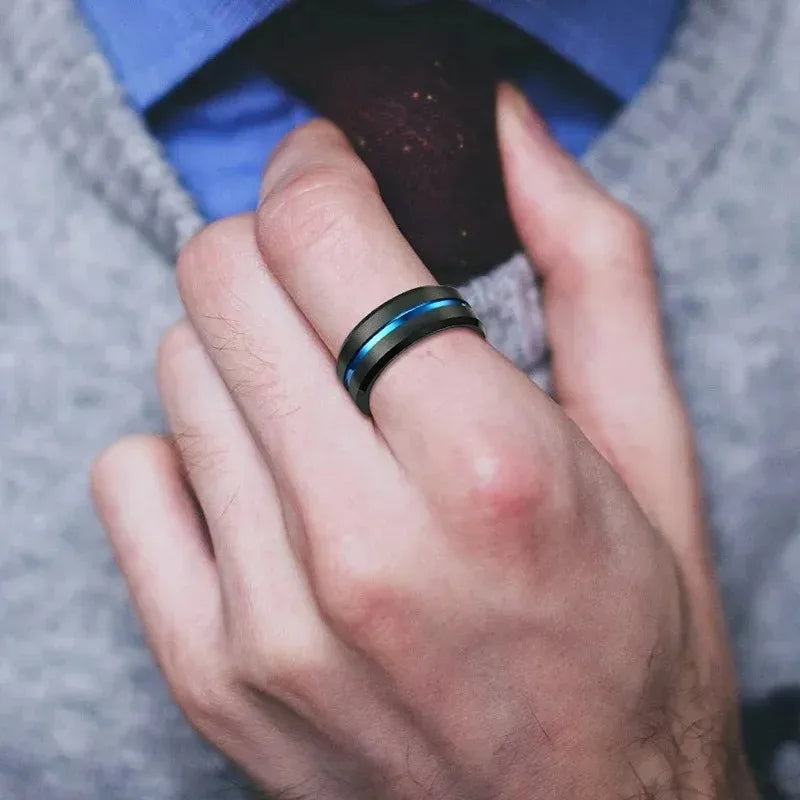Fashion 8mm Black Tungsten Wedding Celtic Dragon Rings Inlaid Blue Zircon Stainless Steel Rings for Men Blue Carbon Fibre Ring