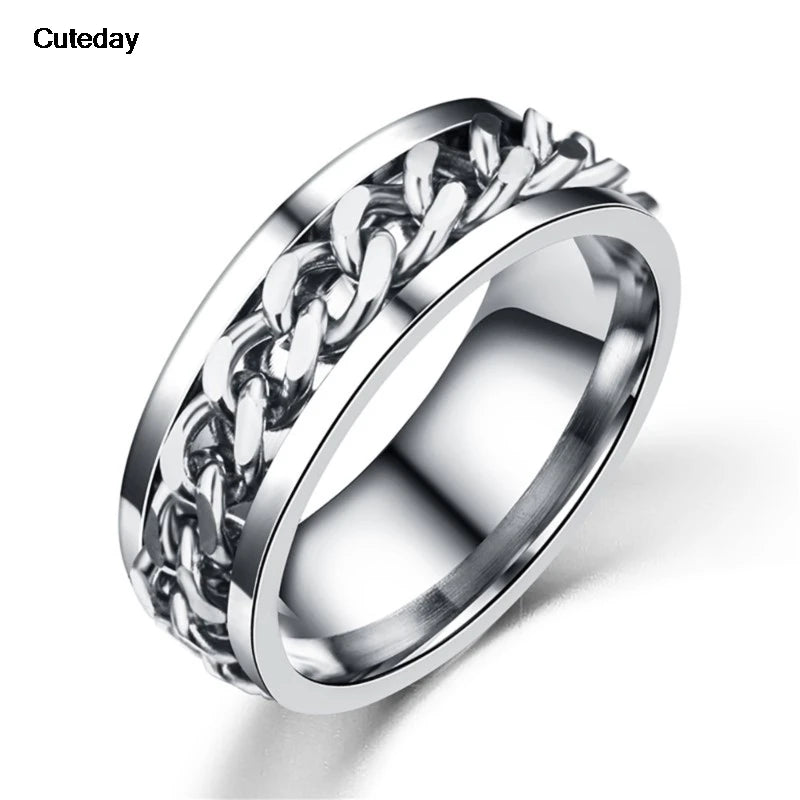 Stainless Steel Chain Rotating Anxiety Black Rings For Men Fidget Metal Spinner Knuckle Ring Anillos De Hombre