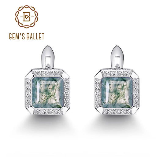 GEM'S BALLET 3.77Ct Natural Moss Agate Gemstone Clip Earrings 925 Sterling Silver Fine Jewelry Earrings For Women