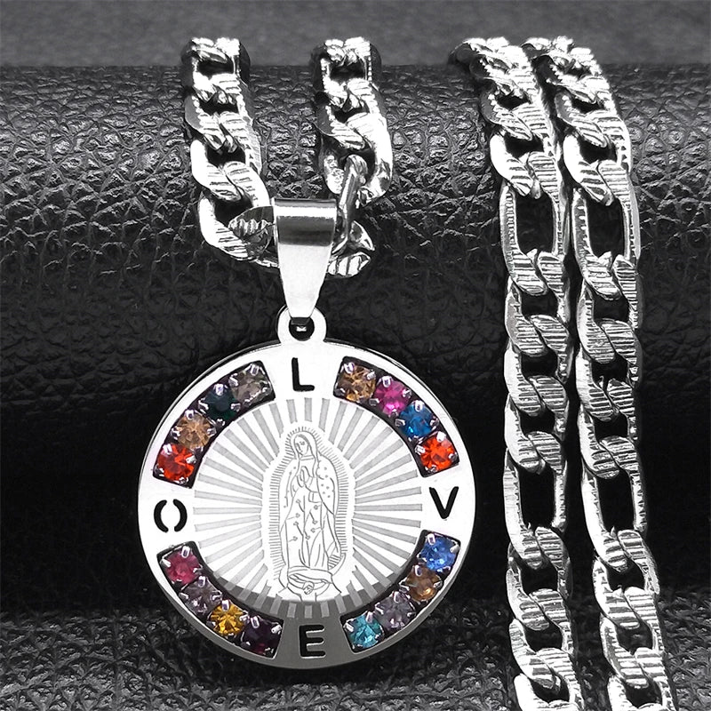 Virgin Mary Love Colorful Crystal Necklace Women Men Stainless Steel Gold Color Our Lady of Guadalupe Necklaces Jewelry N8389S05