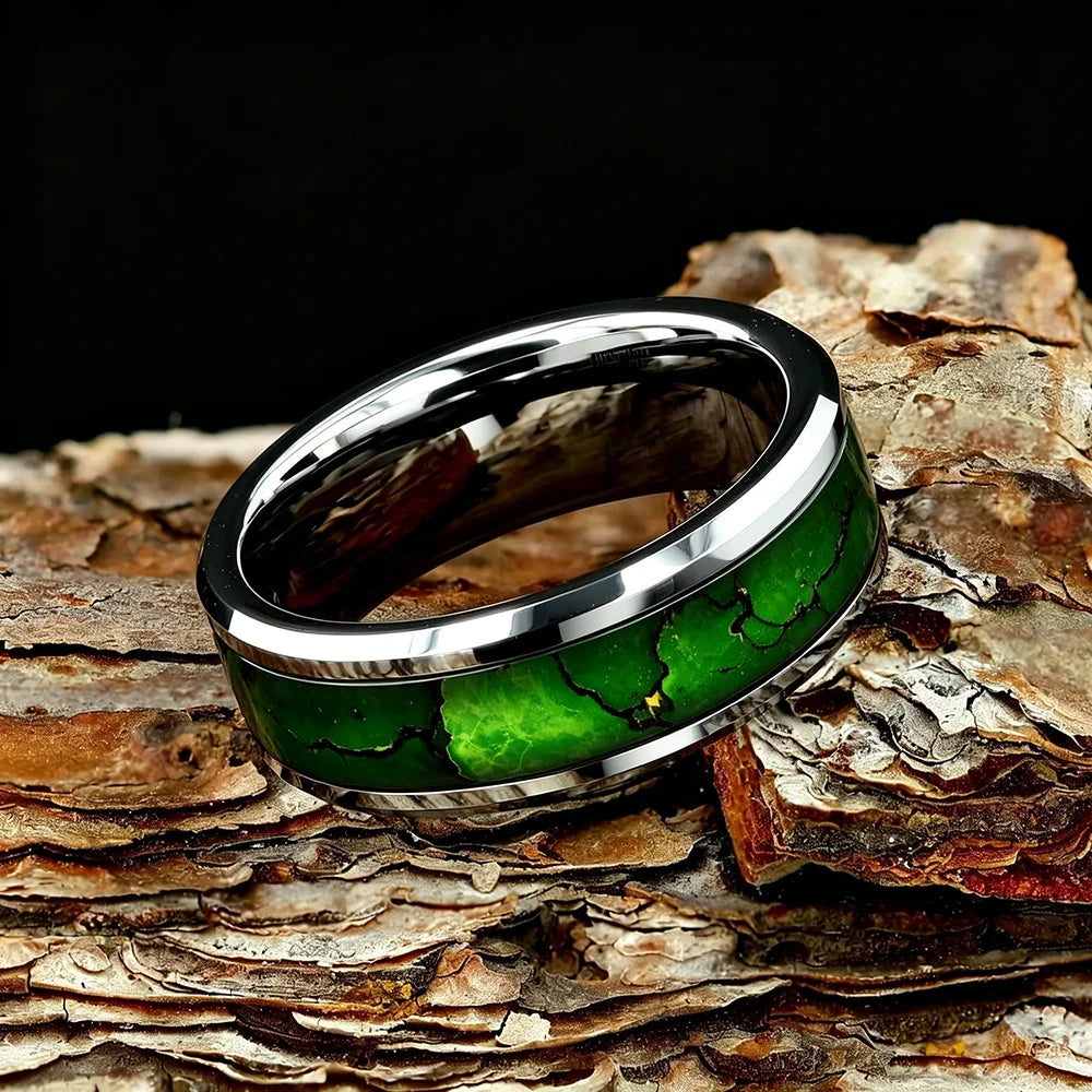 Fashion Men's Stainless Steel Rings Artificial Green Agate Stone Inlay Jewelry Suitable for Daily Wear, Gift for Him Non-Fade
