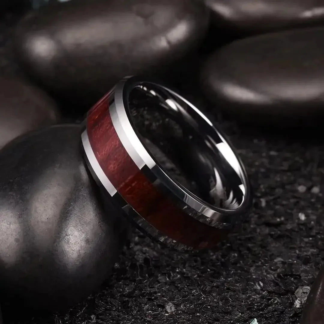 Fashion Men Stainless Steel Rings Red Koa Wood Inlay High Polished Wedding Band Ring for Men Women Anniversary Jewelry