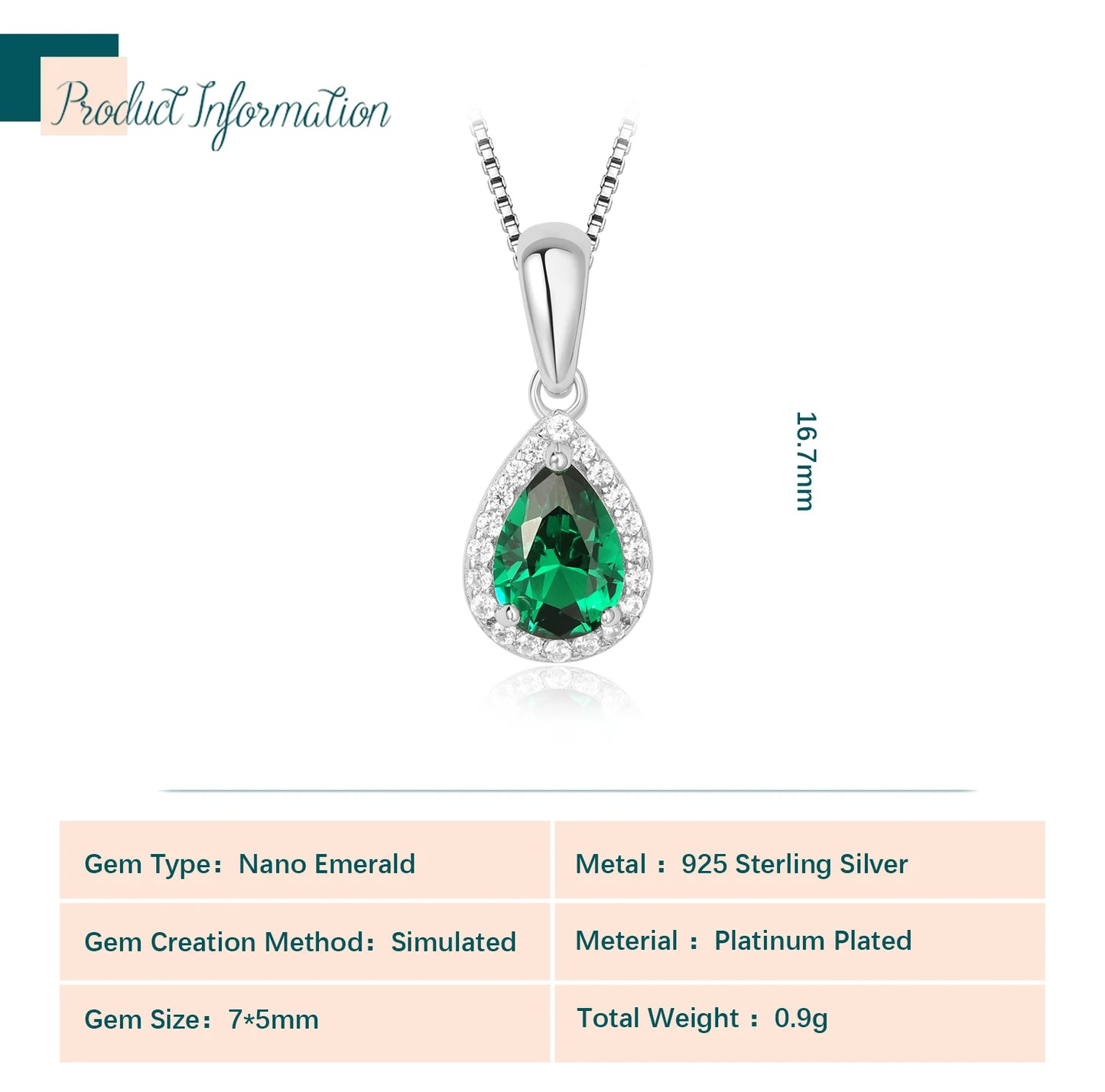 Potiy Pear Simulated Nano Emerald 925 Sterling Silver Pendant Necklace no Chain Women Gemstone Statement Daily mini cute gift