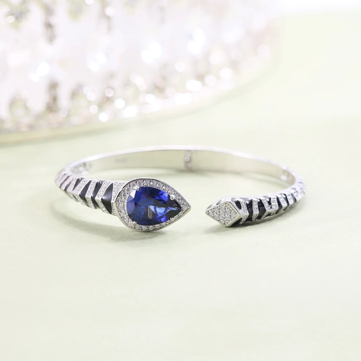 GEM'S BALLET Tiger Element Bracelets Pear Shape 10x14mm Lab Blue Sapphire Cuff Bracelets in 925 Sterling Silver Gift For Her