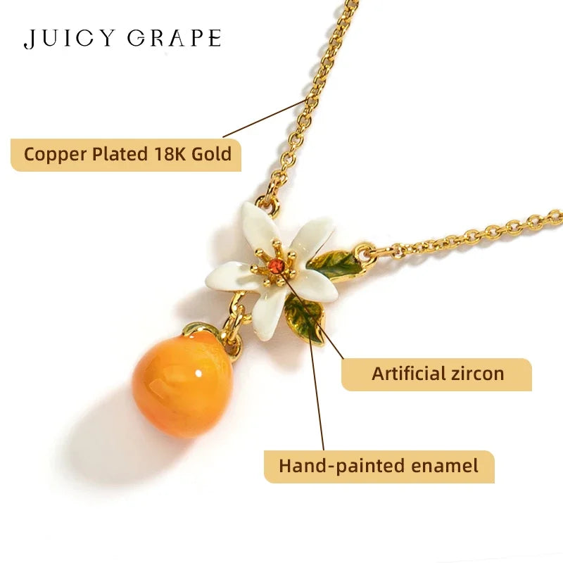 Necklace for Women Orange Gardenia Necklace 18K Gold Plated Sweet Fruit Flower Necklace Hand Painted Enamel Christmas Gifts