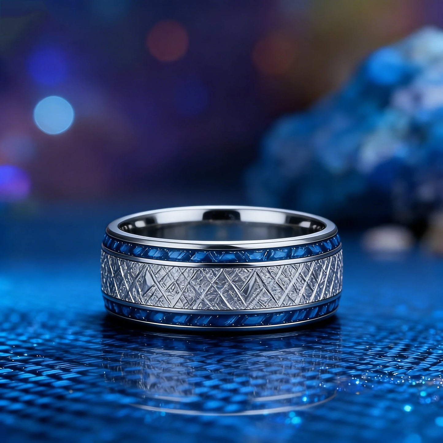 Fashion 8mm Silver Color Stainless Steel Rings for Men, Meteorite Carbon Fiber Inlay Dome Engagement Ring, Men Wedding Jewelry