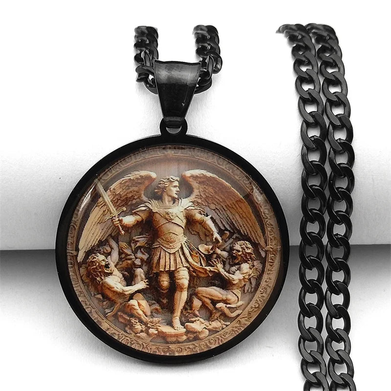 SAINT MICHAEL PROTECT US Archangel Stainless Steel Glass Medal Necklaces Chain Men Women Gold Color Necklace Amulet Jewelry