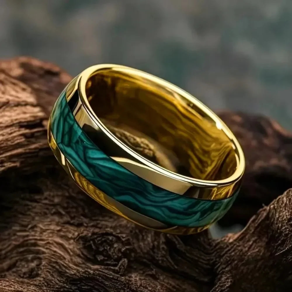 Men Domed Green Abalone Shell Inlay Rings Fashion 8MM Gold Color Stainless Steel Rings For Wedding Engagement Jewelry Gift
