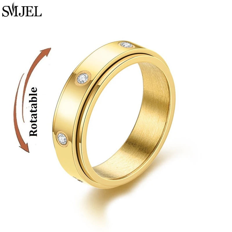 Rose Gold Stainless Steel Anxiety Ring Women Men Fidgets Spinner Rings Engagement Bands Silver Color Fashion Jewelry 8/6mm