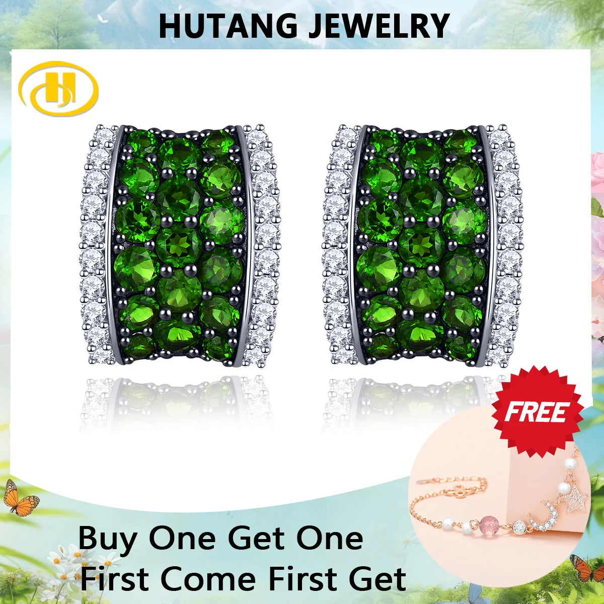 Natural Chrome Diopside Sterling Silver Clip Earring 3.5 Carats Genuine Gemstone Deep Green Women Classic S925 Fine Jewelrys