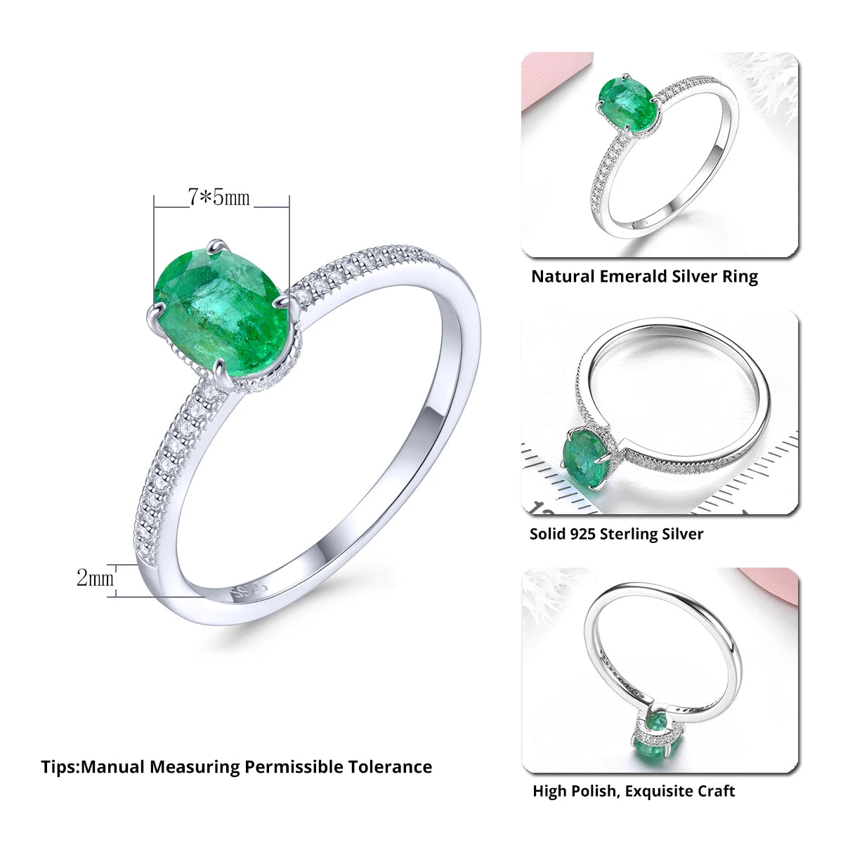 Natural Emerald Sterling Silver Rings 0.7 Carats Genuine Precious Emerald Women Classic S925 Fine Jewelry Style Christmas Gifts