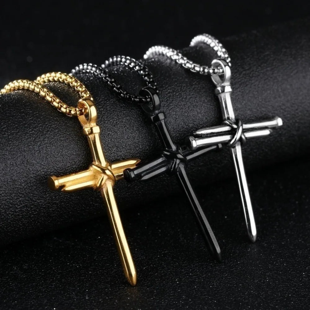 New Simple Niche Men's Jewelry Black Necklace Nail Cross Pendant Chain Necklace Christian Church Baptism Party Gift Men'sJewelry