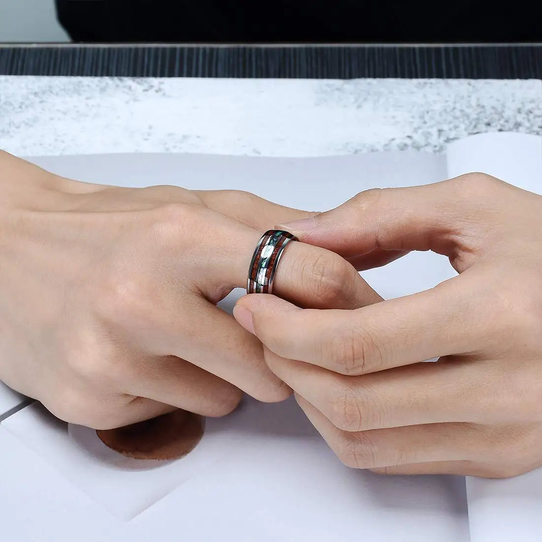 Fashion 8MM Rose Gold Color Stainless Steel Rings For Men Women Colorful Abalone Shell  Inlaid Men Rings Wedding Party Jewelry