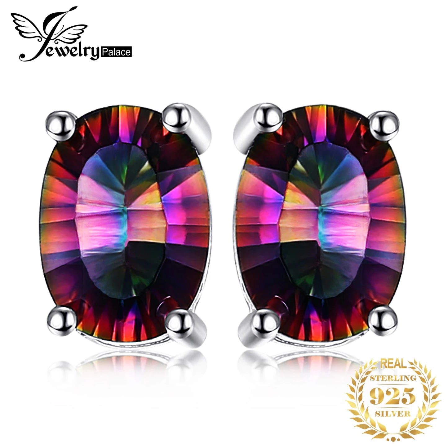 JewelryPalace Oval Rainbow Fire Mystic Quartz Solid 925 Sterling Silver Stud Earrings Women Fashion Statement Gemstone Jewelry CHINA
